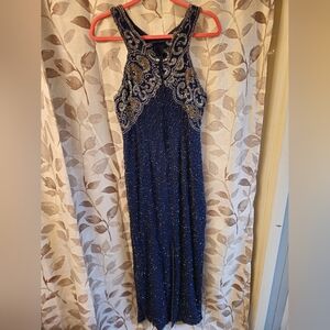 Vintage Laurence Kazar Formal Silk Bead Sequin Dress, long, Dark Blue Size Large